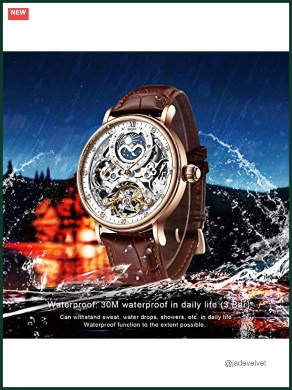 Men's Luxury Skeleton Automatic Mechanical Wrist Watch Leather Strap Moon Phase